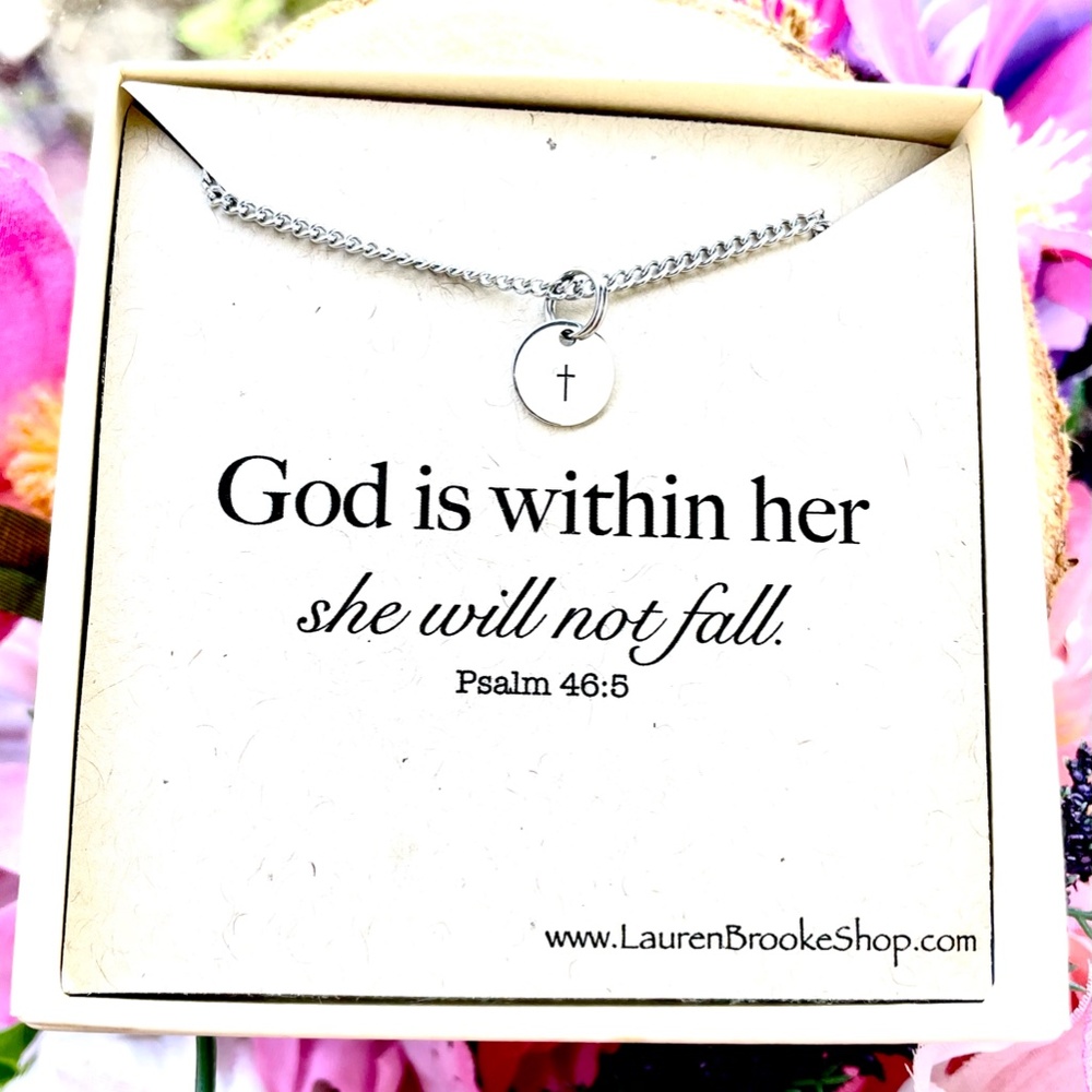 God is within her - Cross  -Card/Disc Necklace Box -  Hand Stamped Necklace